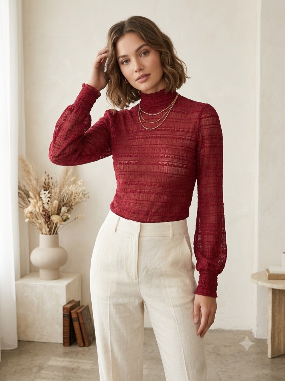 L’AGENCE Sheer Lace Mock Neck Blouse Red XS Floral Stripe NWT